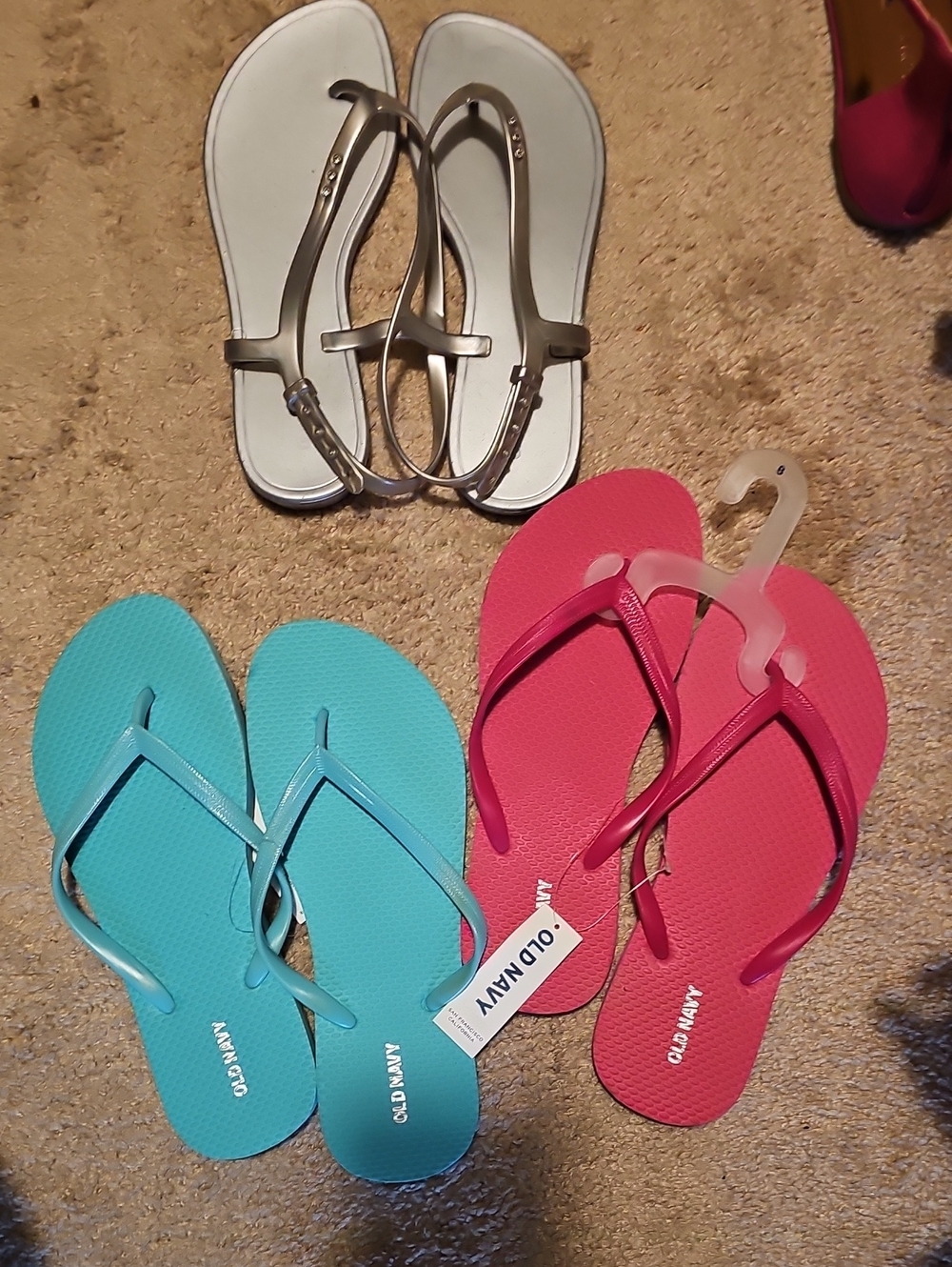 Old Navy Flip Flops Trio - Turquoise, Hot Pink & Silver